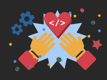 Two hands are reaching towards a heart with coding symbols, surrounded by gears and colorful stars, set against a dark background.