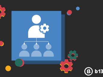 Graphic depicting a person with a gear icon, symbolizing management or organization, connected to three smaller figures below. Surrounding elements include colorful gears and circles, set against a dark background.