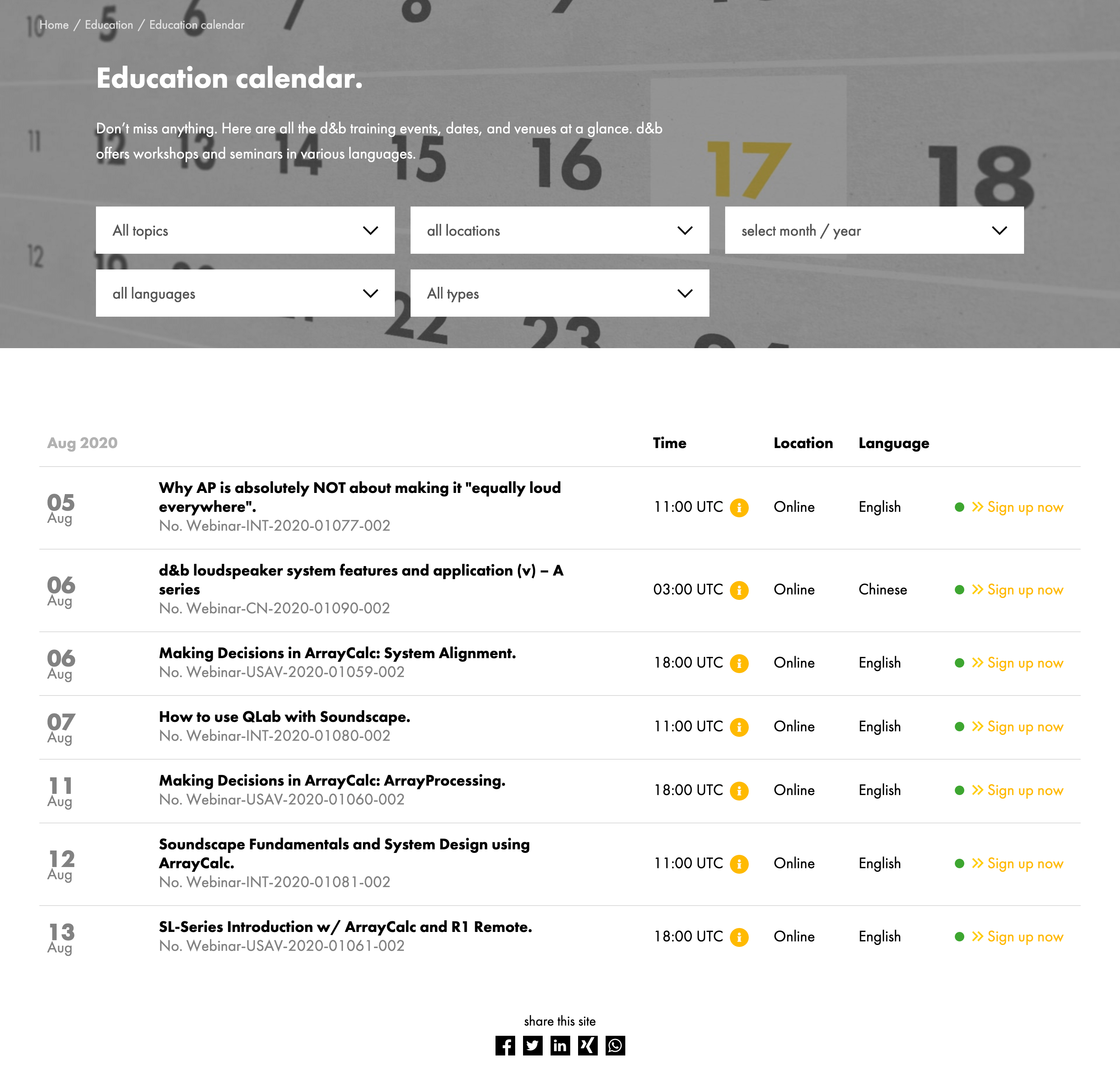 Education Calendar on dbaudio.com