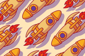 Colorful cartoon rockets with flames, featuring round windows and various designs, are arranged in a repeating pattern against a light background.