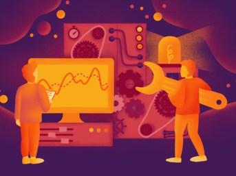 Two figures interact with a computer displaying a fluctuating graph. One figure holds a large wrench, while the other points at the screen. The background features gears and various technical elements, suggesting a theme of engineering or data analysis.