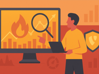 A person in a yellow shirt points at a computer screen displaying a graph with a magnifying glass, alongside symbols of fire and security, suggesting data analysis and monitoring.