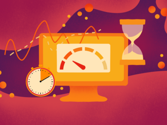 A computer monitor displays a speedometer gauge, an hourglass, and a clock, symbolizing time management and performance metrics, set against a colorful abstract background.