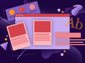 A digital design layout featuring two card-like elements and a text box, set against a colorful abstract background. The layout includes a toolbar with circular icons and a stylized letter "Ab" in the corner.