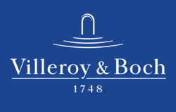 Villeroy & Boch logo featuring a stylized arch and water lines, with the brand name and the year "1748" displayed prominently in white against a blue background.